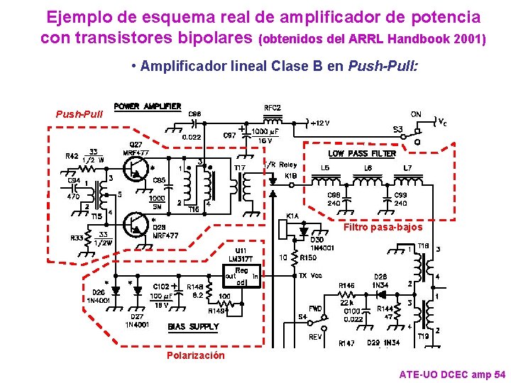 Ejemplo de esquema real de amplificador de potencia con transistores bipolares (obtenidos del ARRL