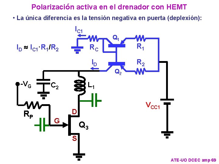 Polarización activa en el drenador con HEMT • La única diferencia es la tensión