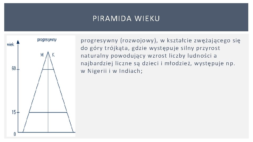 PIRAMIDA WIEKU progresywny (rozwojowy), w kształcie zwężającego się do góry trójkąta, gdzie występuje silny