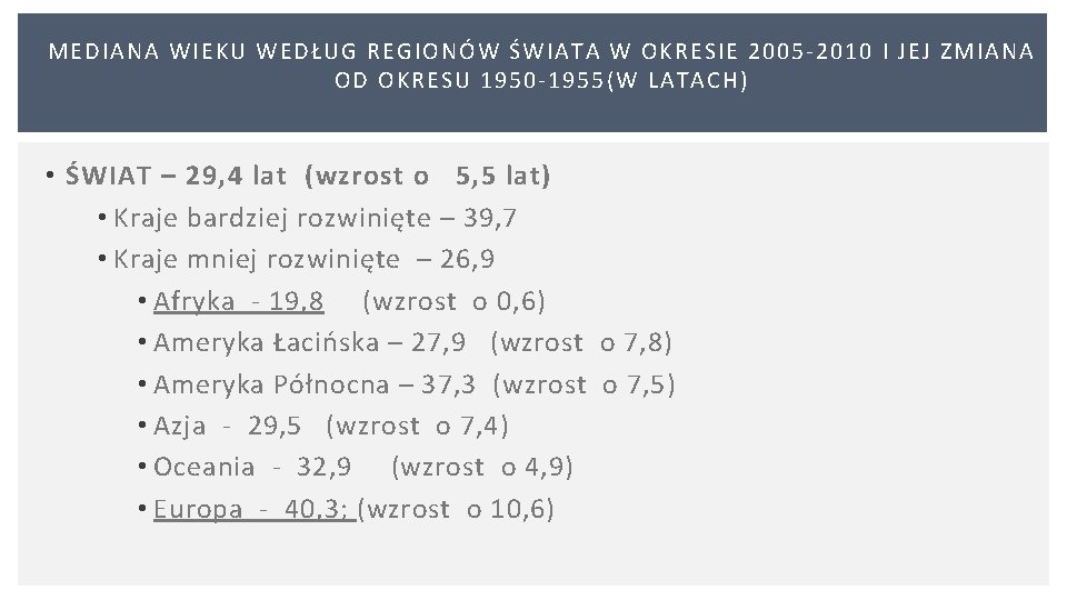 MEDIANA WIEKU WEDŁUG REGIONÓW ŚWIATA W OKRESIE 2005 2010 I JEJ ZMIANA OD OKRESU