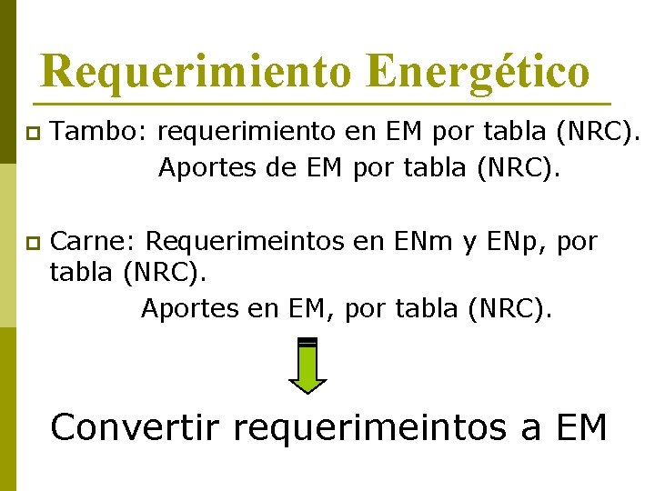 Requerimiento Energético p Tambo: requerimiento en EM por tabla (NRC). Aportes de EM por