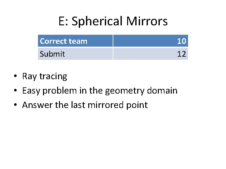 E: Spherical Mirrors Correct team Submit 10 12 • Ray tracing • Easy problem E: Spherical Mirrors Correct team Submit 10 12 • Ray tracing • Easy problem