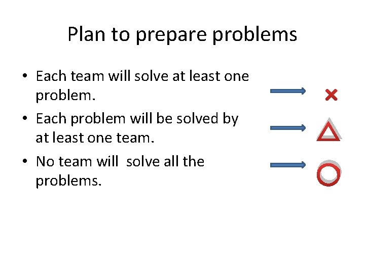 Plan to prepare problems • Each team will solve at least one problem. • Plan to prepare problems • Each team will solve at least one problem. •