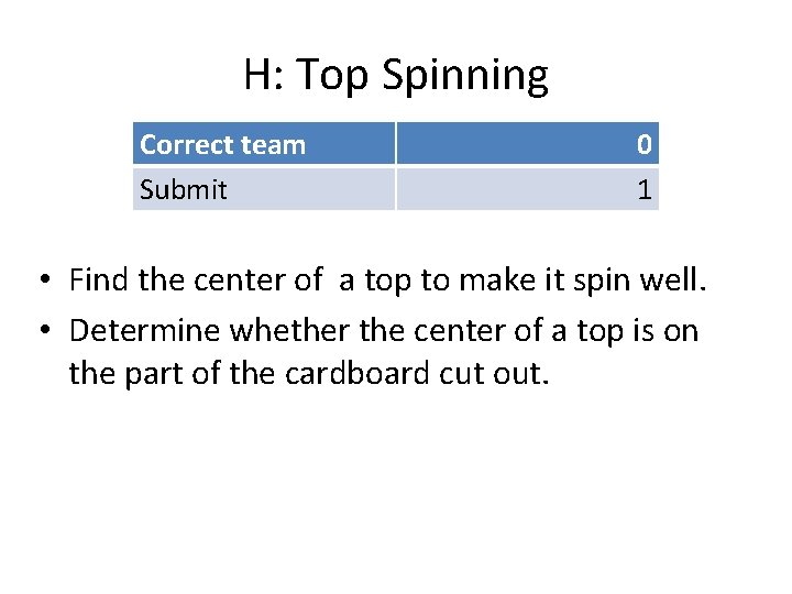 H: Top Spinning Correct team Submit 0 1 • Find the center of a H: Top Spinning Correct team Submit 0 1 • Find the center of a