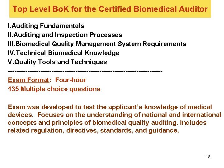 Top Level Bo. K for the Certified Biomedical Auditor I. Auditing Fundamentals II. Auditing