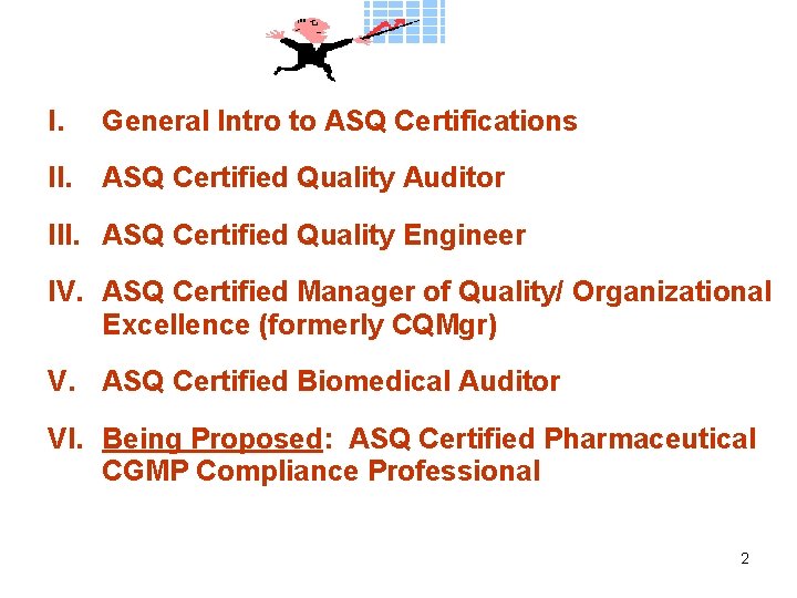 I. General Intro to ASQ Certifications II. ASQ Certified Quality Auditor III. ASQ Certified