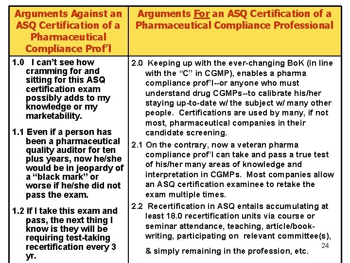Arguments Against an ASQ Certification of a Pharmaceutical Compliance Prof’l 1. 0 I can’t Arguments Against an ASQ Certification of a Pharmaceutical Compliance Prof’l 1. 0 I can’t