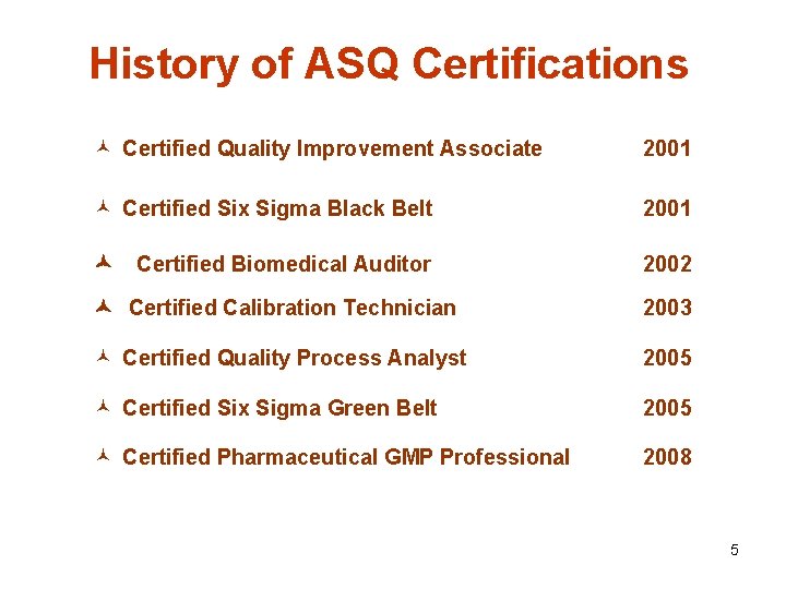 History of ASQ Certifications Certified Quality Improvement Associate 2001 Certified Six Sigma Black Belt