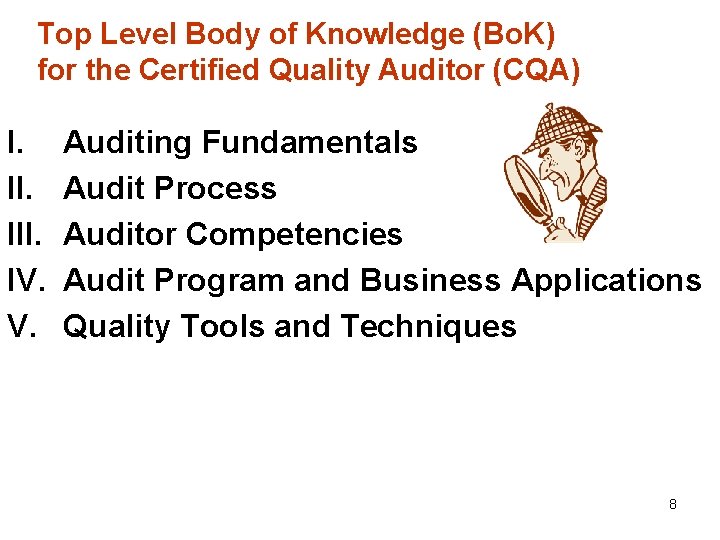 Top Level Body of Knowledge (Bo. K) for the Certified Quality Auditor (CQA) I. Top Level Body of Knowledge (Bo. K) for the Certified Quality Auditor (CQA) I.