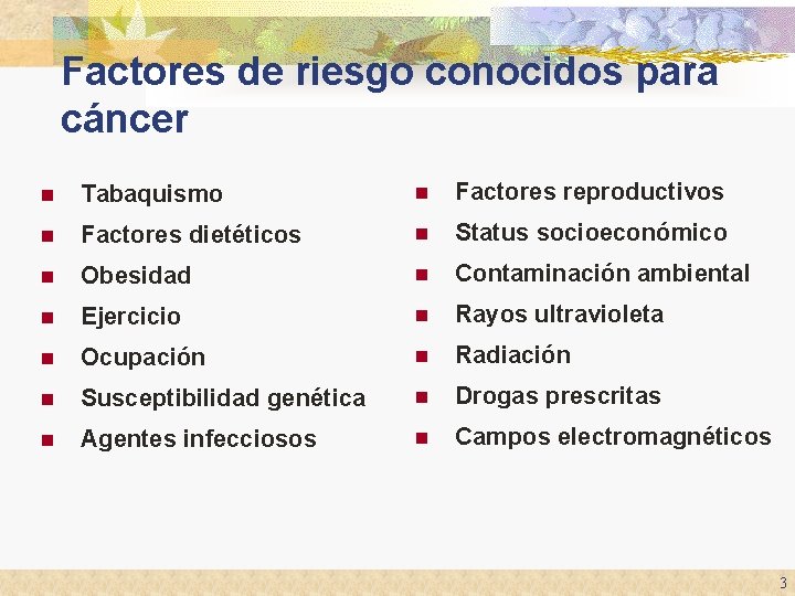 Factores de riesgo conocidos para cáncer n Tabaquismo n Factores reproductivos n Factores dietéticos Factores de riesgo conocidos para cáncer n Tabaquismo n Factores reproductivos n Factores dietéticos