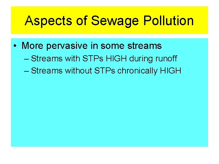 Aspects of Sewage Pollution • More pervasive in some streams – Streams with STPs