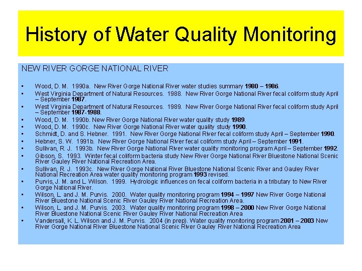 History of Water Quality Monitoring NEW RIVER GORGE NATIONAL RIVER • • • •