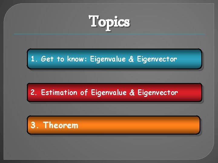 Topics 1. Get to know: Eigenvalue & Eigenvector 2. Estimation of Eigenvalue & Eigenvector