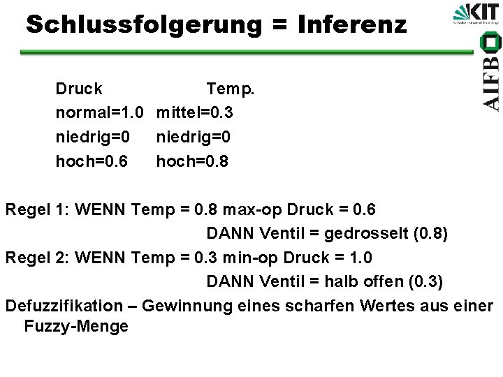 Schlussfolgerung = Inferenz Druck Temp. normal=1. 0 mittel=0. 3 niedrig=0 hoch=0. 6 hoch=0. 8