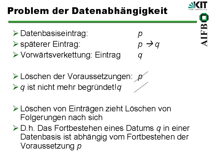 Problem der Datenabhängigkeit Ø Datenbasiseintrag: Ø späterer Eintrag: Ø Vorwärtsverkettung: Eintrag p p q