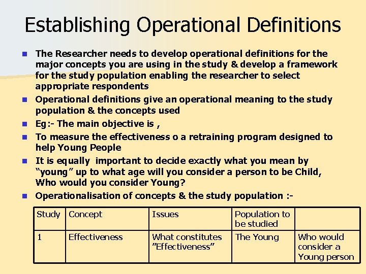 Establishing Operational Definitions n n n The Researcher needs to develop operational definitions for