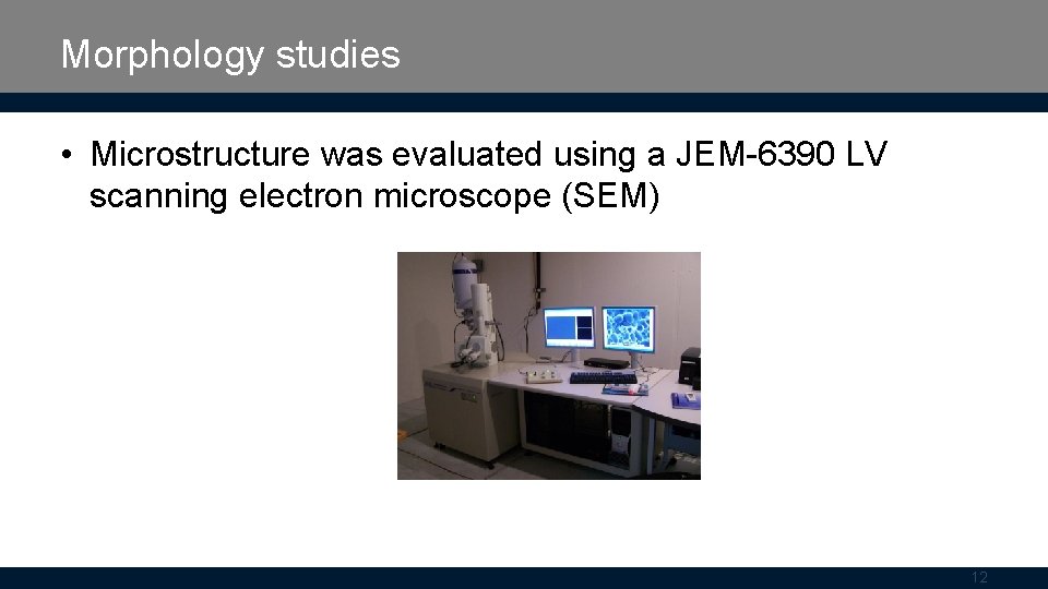 Morphology studies • Microstructure was evaluated using a JEM-6390 LV scanning electron microscope (SEM)