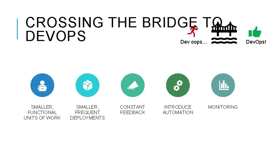 CROSSING THE BRIDGE TO DEVOPS Dev oops… SMALLER, FUNCTIONAL UNITS OF WORK SMALLER, FREQUENT