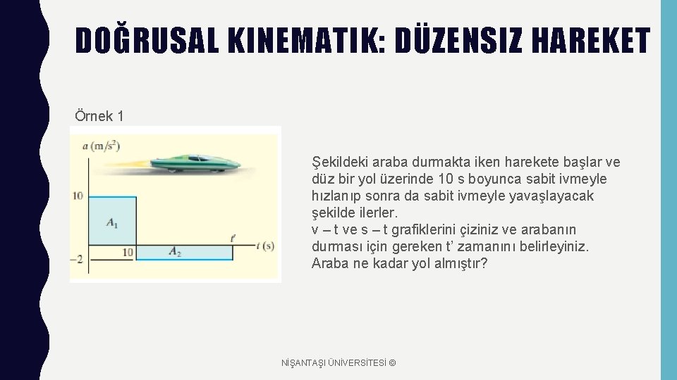 DOĞRUSAL KINEMATIK: DÜZENSIZ HAREKET Örnek 1 Şekildeki araba durmakta iken harekete başlar ve düz