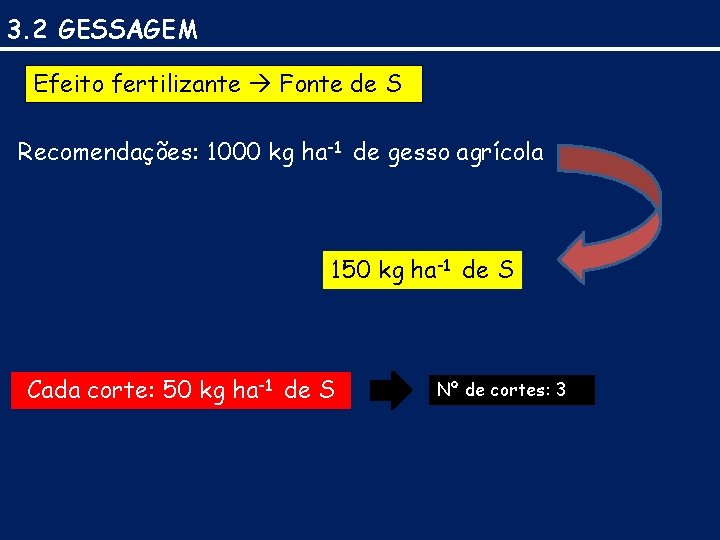 3. 2 GESSAGEM Efeito fertilizante Fonte de S Recomendações: 1000 kg ha-1 de gesso