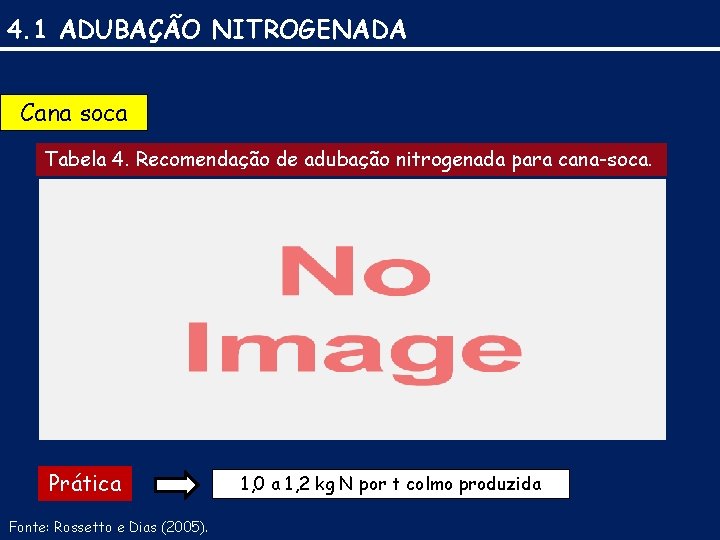 4. 1 ADUBAÇÃO NITROGENADA Cana soca Tabela 4. Recomendação de adubação nitrogenada para cana-soca.