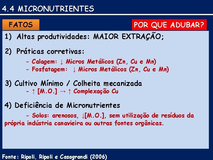 4. 4 MICRONUTRIENTES FATOS POR QUE ADUBAR? 1) Altas produtividades: MAIOR EXTRAÇÃO; 2) Práticas
