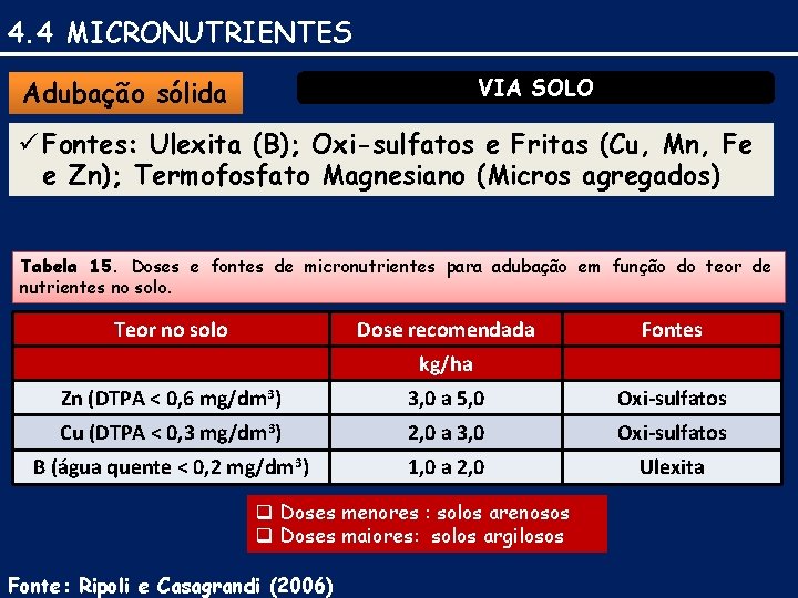 4. 4 MICRONUTRIENTES VIA SOLO Adubação sólida ü Fontes: Ulexita (B); Oxi-sulfatos e Fritas