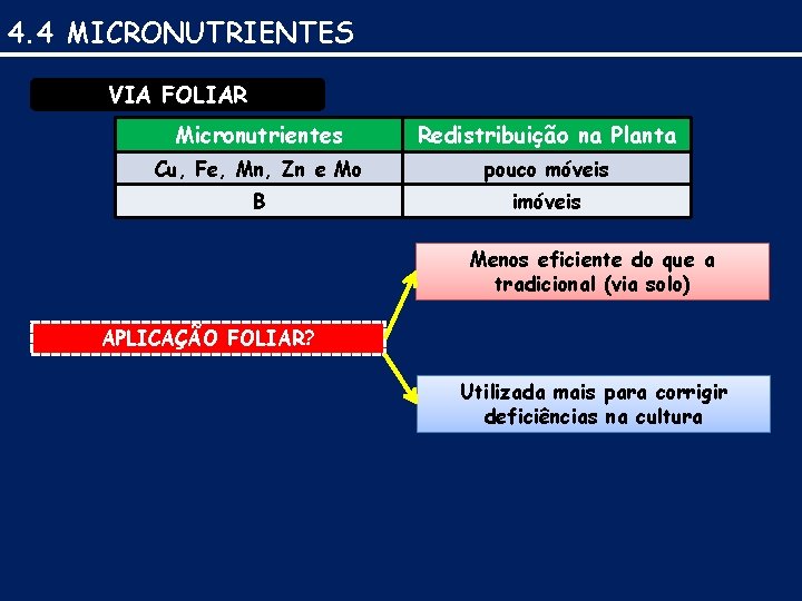 4. 4 MICRONUTRIENTES VIA FOLIAR Micronutrientes Redistribuição na Planta Cu, Fe, Mn, Zn e