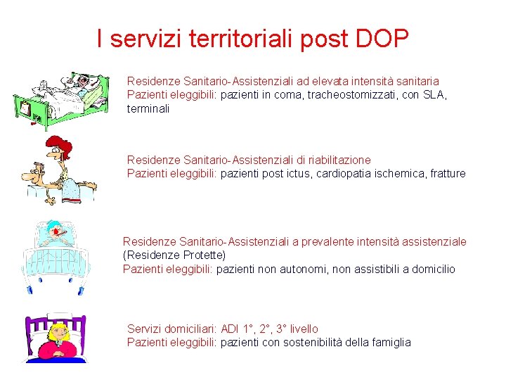 I servizi territoriali post DOP Residenze Sanitario-Assistenziali ad elevata intensità sanitaria Pazienti eleggibili: pazienti