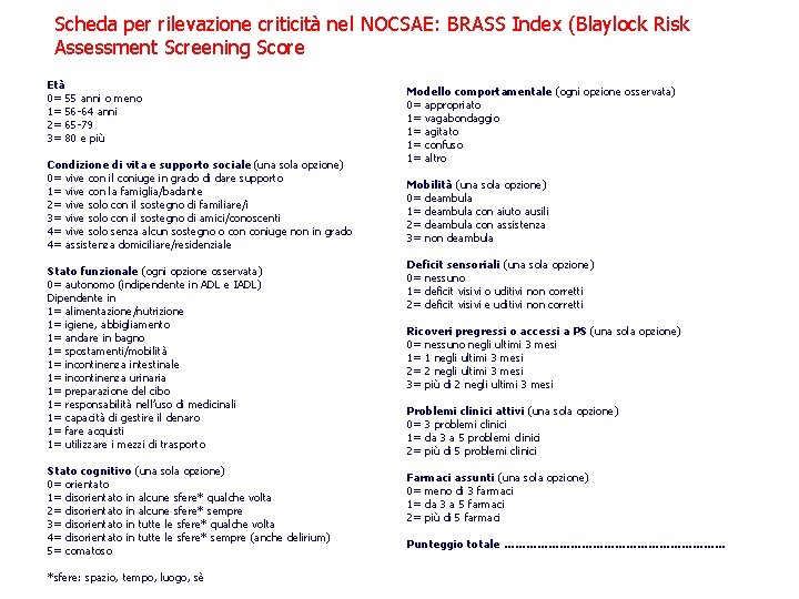 Scheda per rilevazione criticità nel NOCSAE: BRASS Index (Blaylock Risk Assessment Screening Score Età