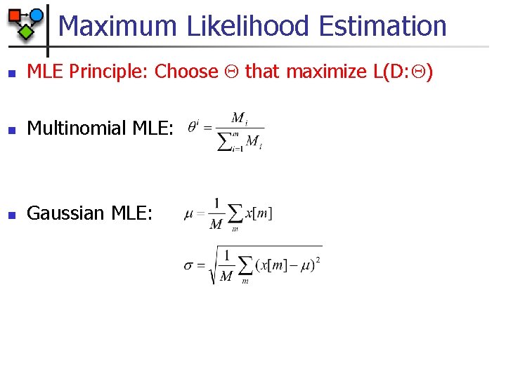 Maximum Likelihood Estimation n MLE Principle: Choose that maximize L(D: ) n Multinomial MLE:
