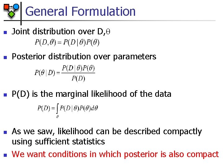 General Formulation n Joint distribution over D, n Posterior distribution over parameters n P(D)