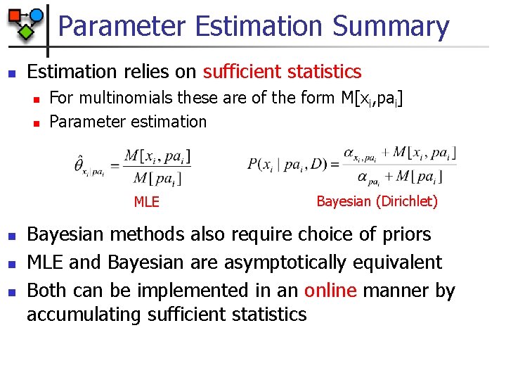 Parameter Estimation Summary n Estimation relies on sufficient statistics n n For multinomials these