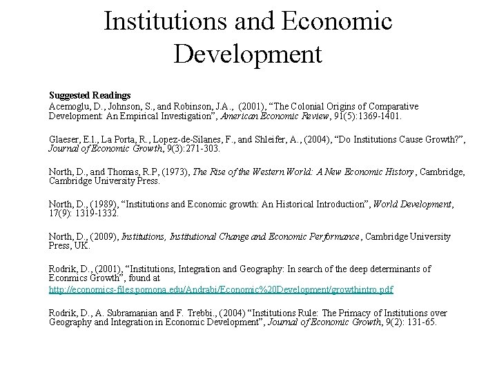 Institutions and Economic Development Suggested Readings Acemoglu, D. , Johnson, S. , and Robinson,