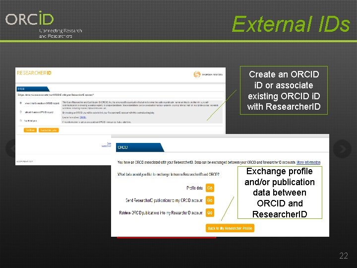 External IDs Create an ORCID i. D or associate existing ORCID i. D with