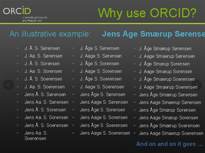 Why use ORCID? An illustrative example: Jens Åge Smærup Sørense • J. Å. S.