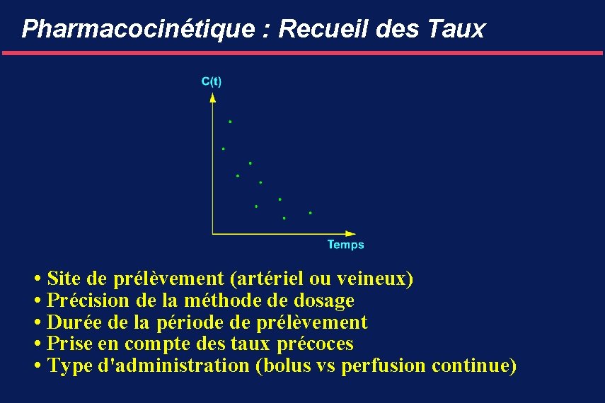 Pharmacocinétique : Recueil des Taux • Site de prélèvement (artériel ou veineux) • Précision