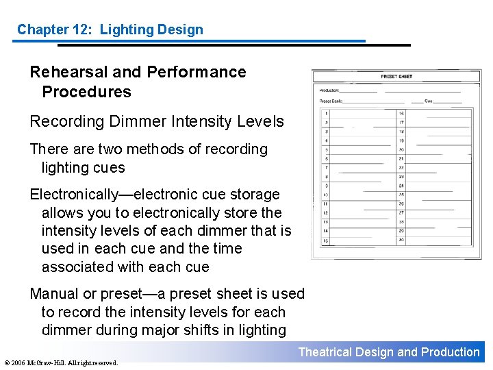 Chapter 12: Lighting Design Rehearsal and Performance Procedures Recording Dimmer Intensity Levels There are Chapter 12: Lighting Design Rehearsal and Performance Procedures Recording Dimmer Intensity Levels There are