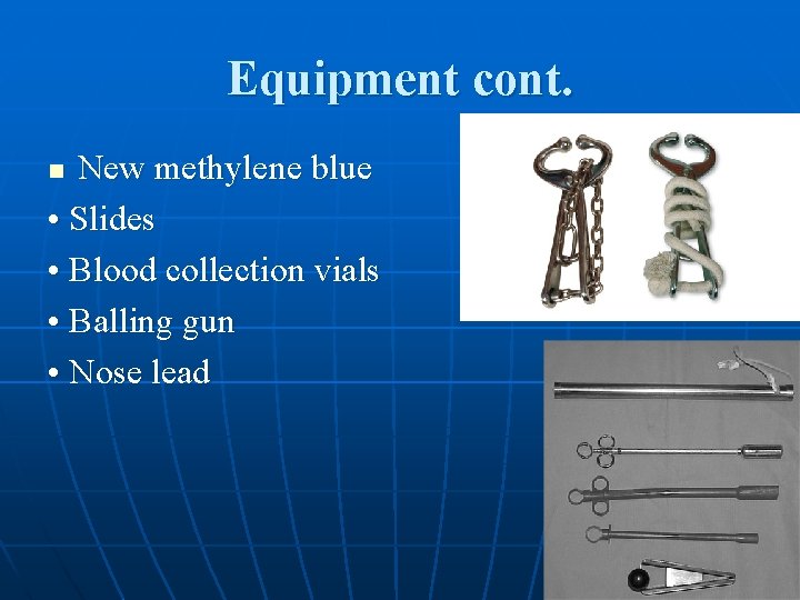 Equipment cont. New methylene blue • Slides • Blood collection vials • Balling gun