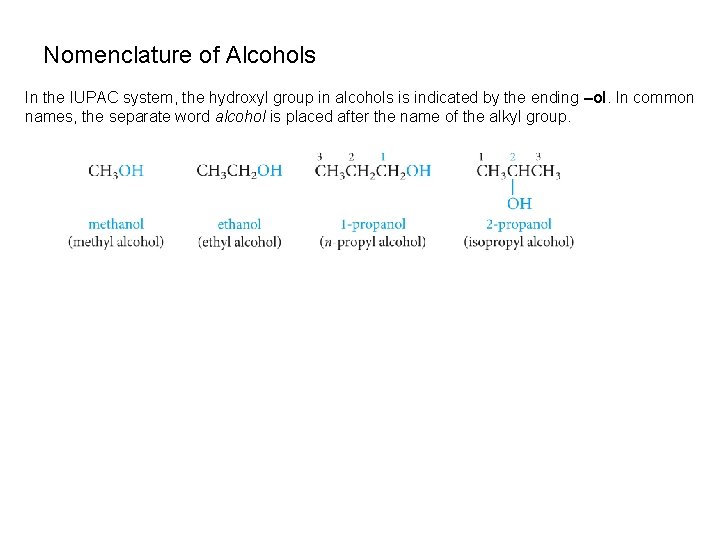 Nomenclature of Alcohols In the IUPAC system, the hydroxyl group in alcohols is indicated