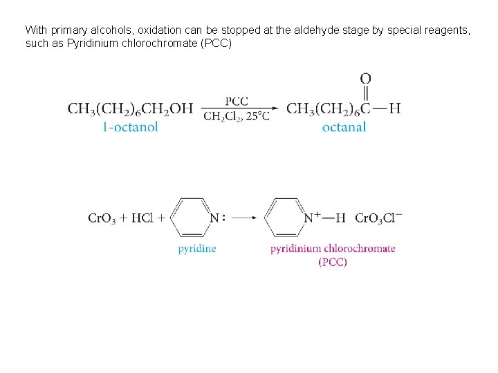 With primary alcohols, oxidation can be stopped at the aldehyde stage by special reagents,