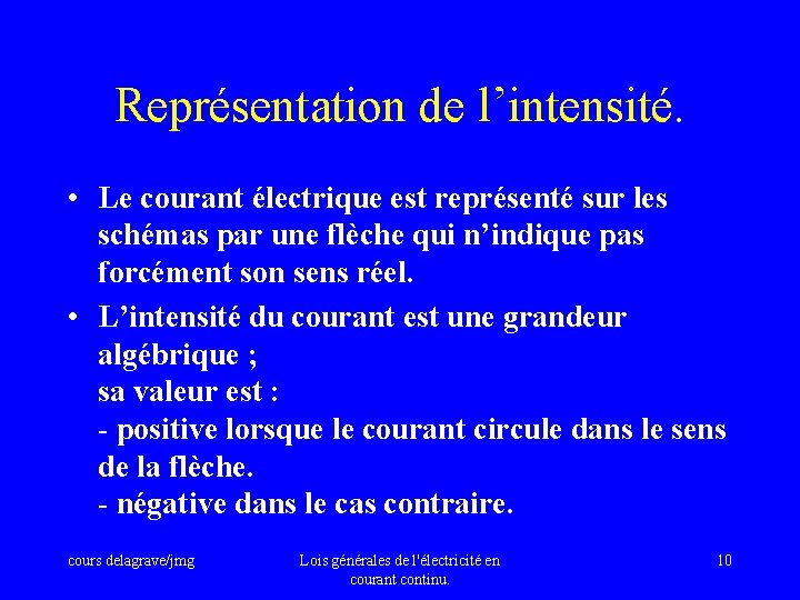 Représentation de l’intensité. • Le courant électrique est représenté sur les schémas par une