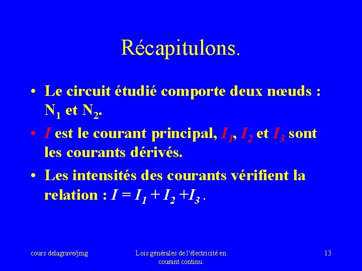 Récapitulons. • Le circuit étudié comporte deux nœuds : N 1 et N 2.