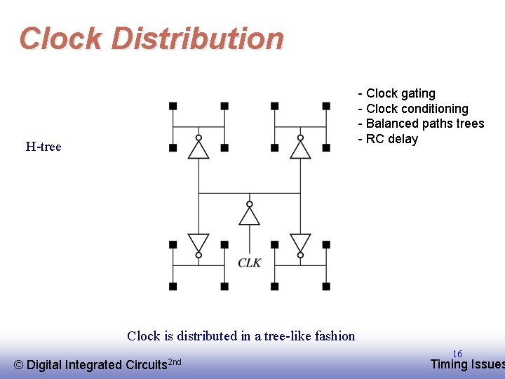 Clock Distribution - Clock gating - Clock conditioning - Balanced paths trees - RC