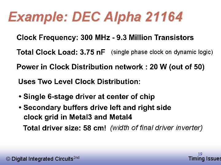 Example: DEC Alpha 21164 (single phase clock on dynamic logic) (width of final driver