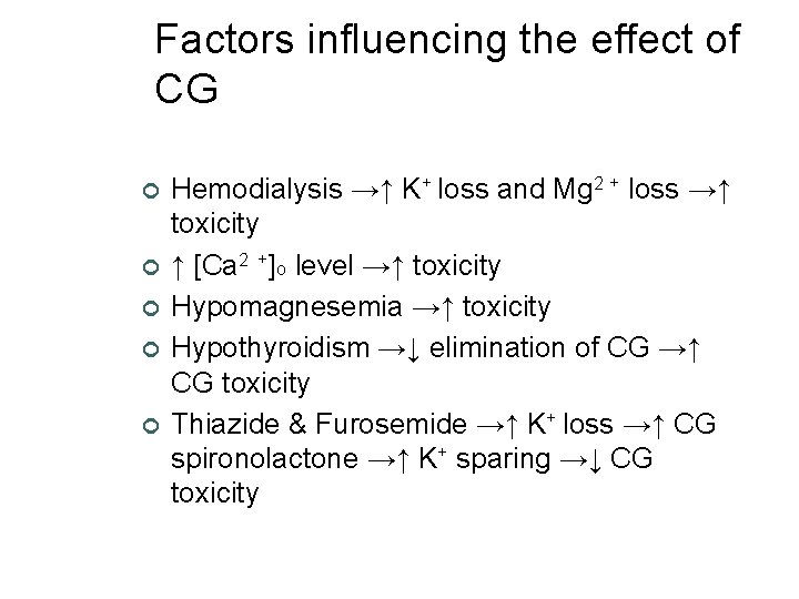 Factors influencing the effect of CG ¢ ¢ ¢ Hemodialysis →↑ K+ loss and