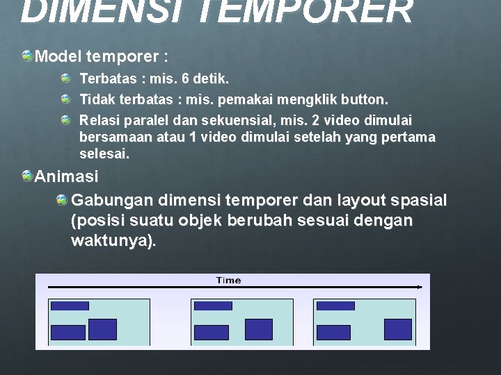 DIMENSI TEMPORER Model temporer : Terbatas : mis. 6 detik. Tidak terbatas : mis.