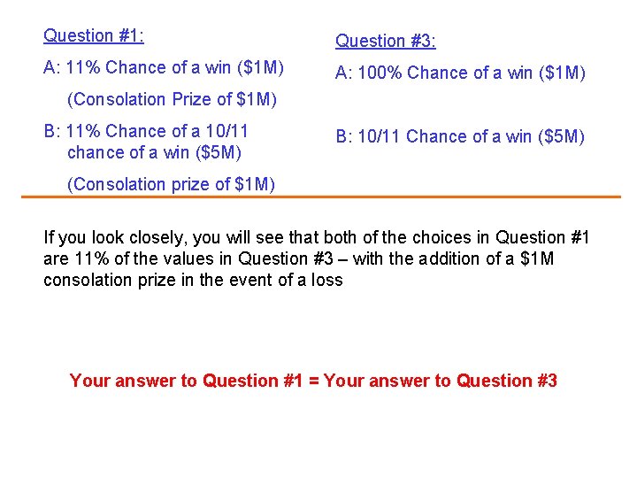 Question #1: Question #3: A: 11% Chance of a win ($1 M) A: 100%