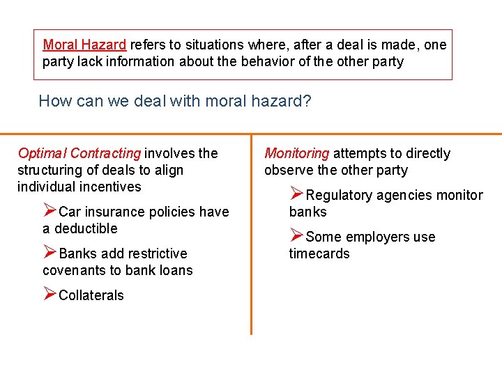 Moral Hazard refers to situations where, after a deal is made, one party lack