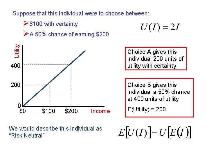 Suppose that this individual were to choose between: Utility Ø$100 with certainty ØA 50%